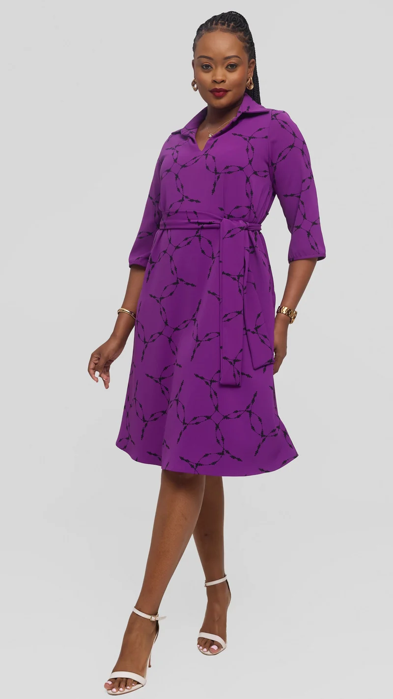 Vivo Zuri 3/4 Sleeve Knee Length Dress in Crepe - Purple / Black Shina Print
