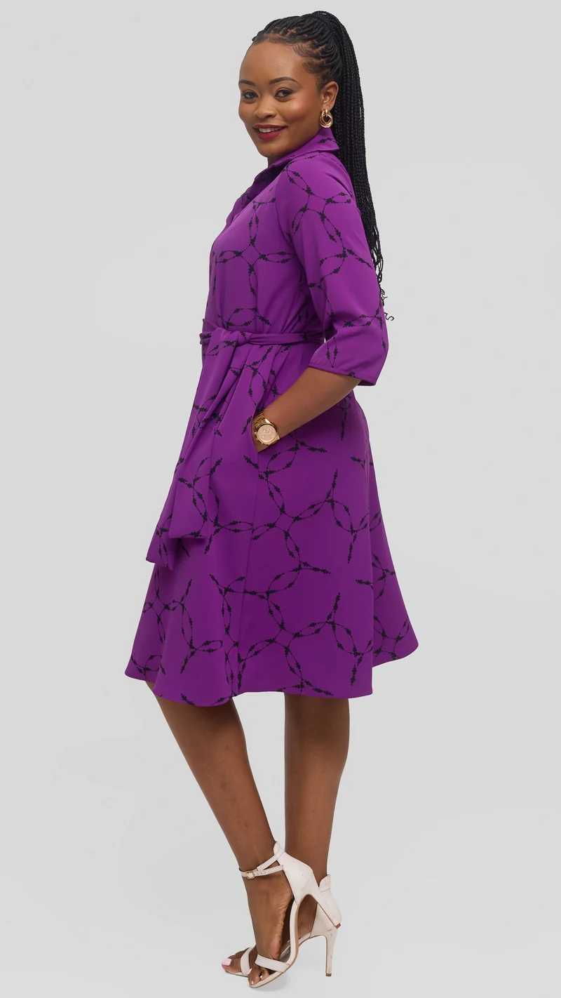 Vivo Zuri 3/4 Sleeve Knee Length Dress in Crepe - Purple / Black Shina Print