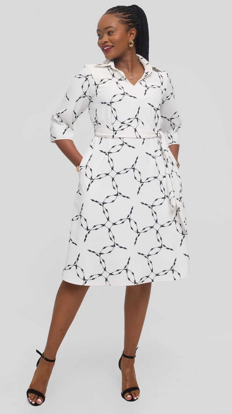 Vivo Zuri 3/4 Sleeve Knee Length Dress in Crepe - White / Black Shina Print