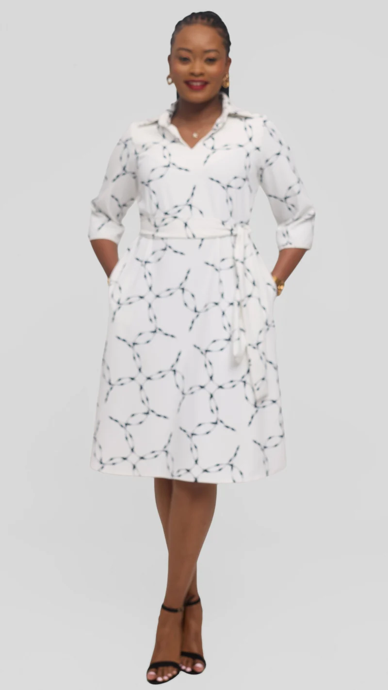 Vivo Zuri 3/4 Sleeve Knee Length Dress in Crepe - White / Black Shina Print