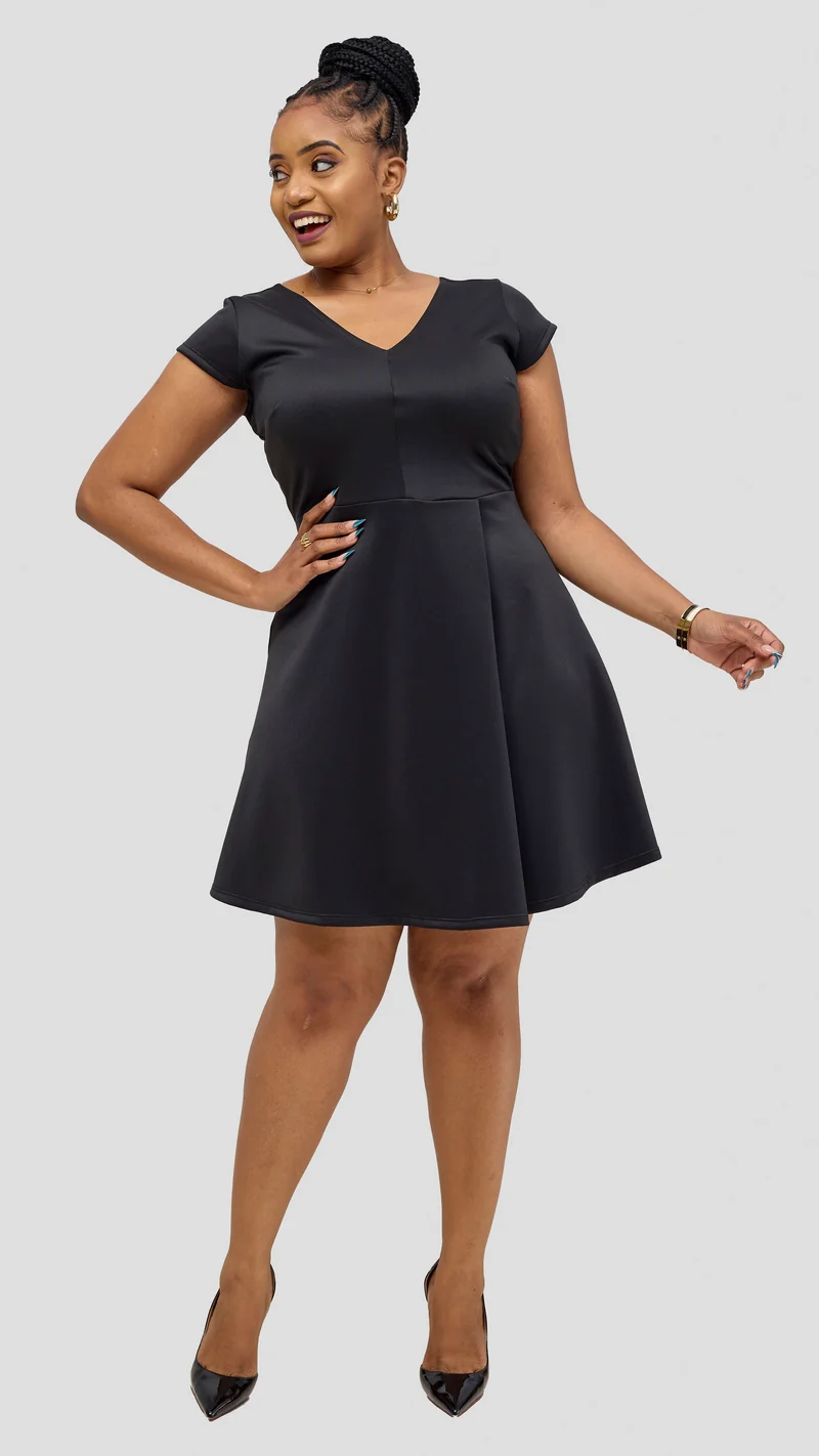 Vivo Nora Front Pleat Knee Length Dress - Black