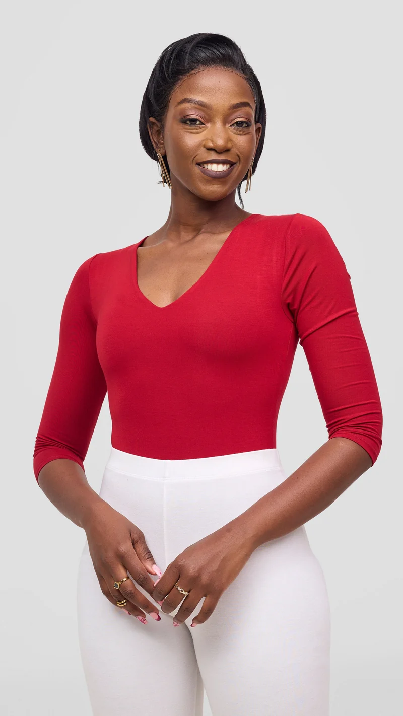 Vivo Basic 3/4 Sleeved Double Layered Bodysuit - Dark Red