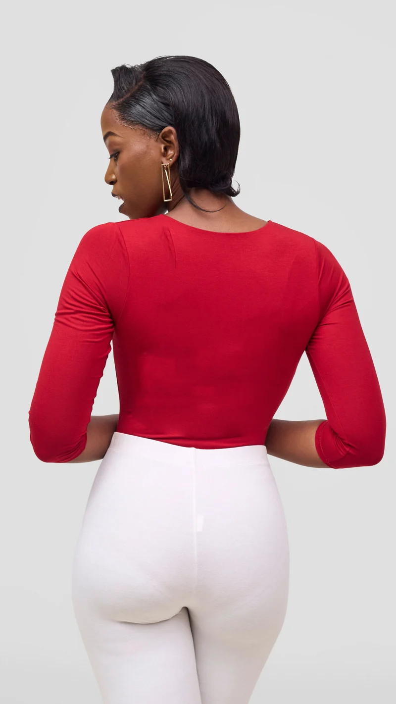 Vivo Basic 3/4 Sleeved Double Layered Bodysuit - Dark Red