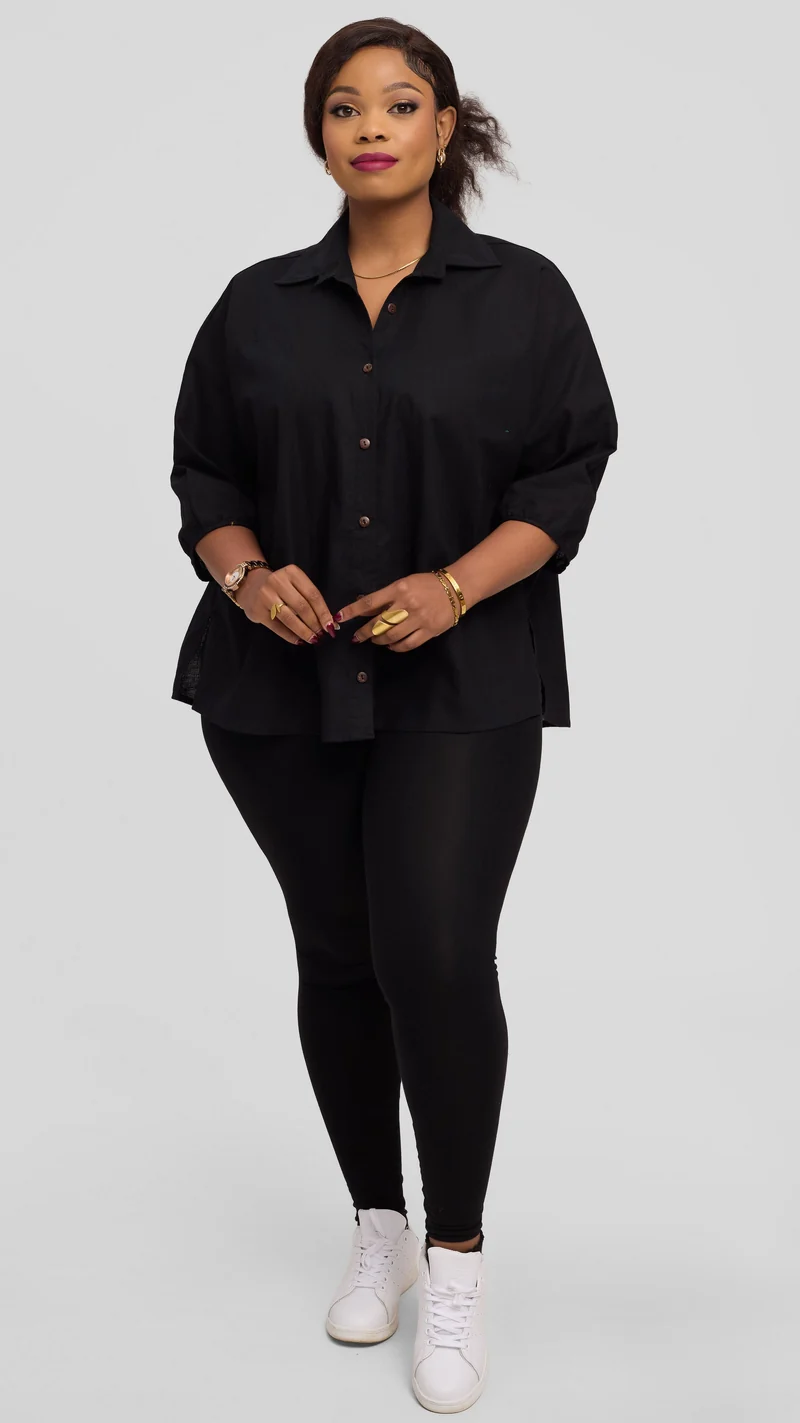 Safari by Vivo Back Pleat Loose Top in Linen Blend - Black