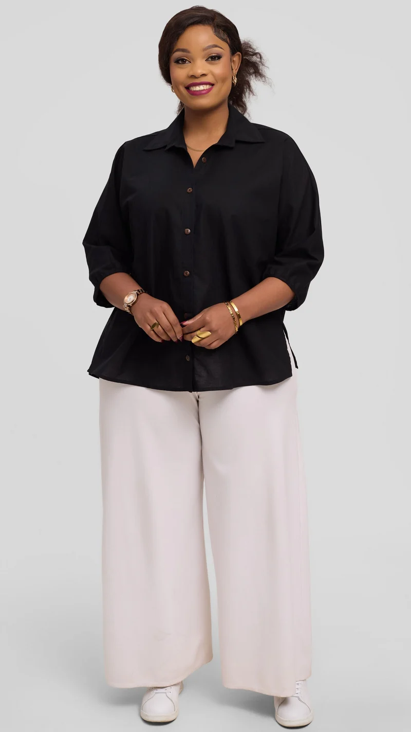 Safari by Vivo Back Pleat Loose Top in Linen Blend - Black