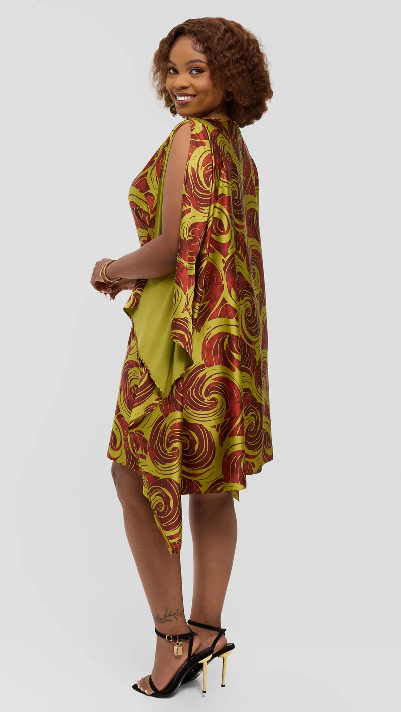 Vivo Knee Length Kaftan In Satin - Olive / Rust Bolo Print