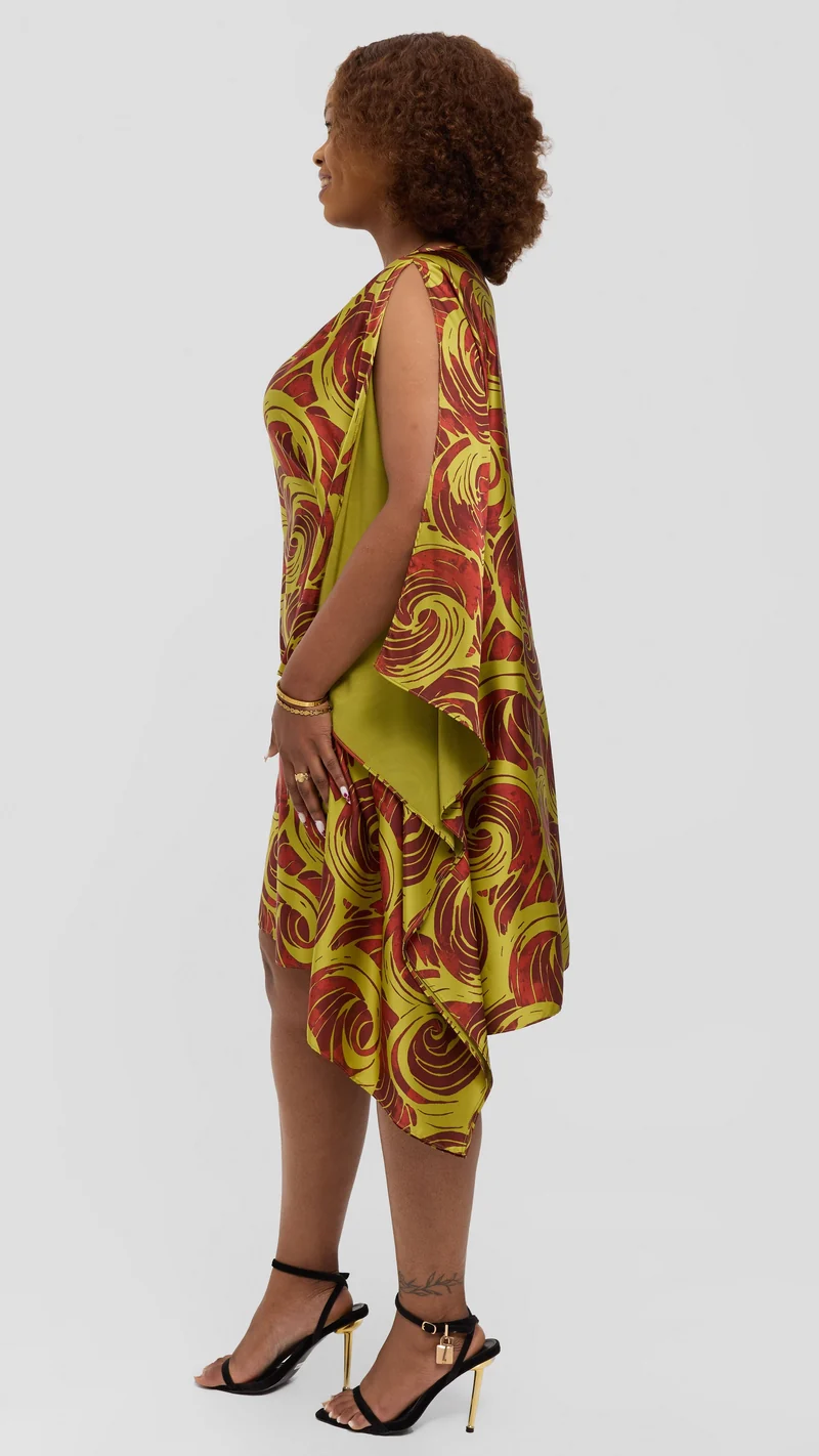 Vivo Knee Length Kaftan In Satin - Olive / Rust Bolo Print
