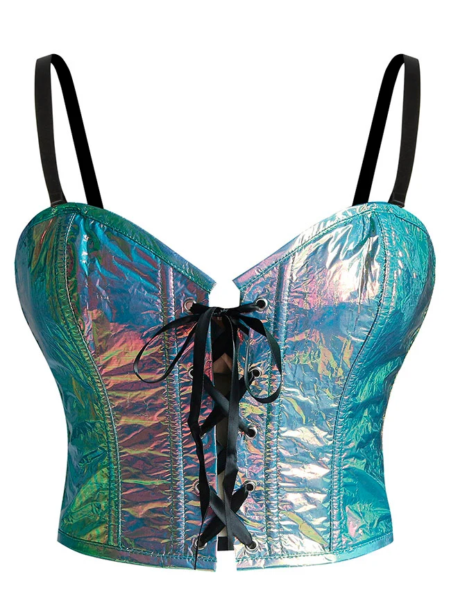 Y2K Glänzendes Kunstrindsleder Schillerndes Rave Bustier Korsett Crop Top