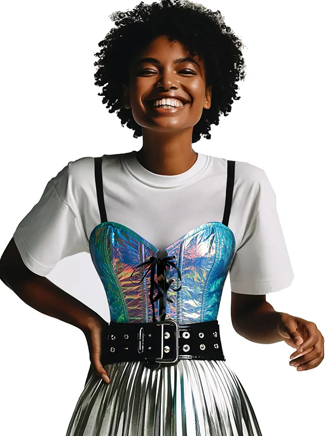Y2K Glänzendes Kunstrindsleder Schillerndes Rave Bustier Korsett Crop Top
