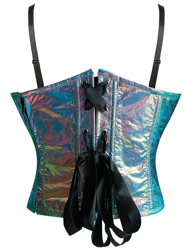 Y2K Glänzendes Kunstrindsleder Schillerndes Rave Bustier Korsett Crop Top