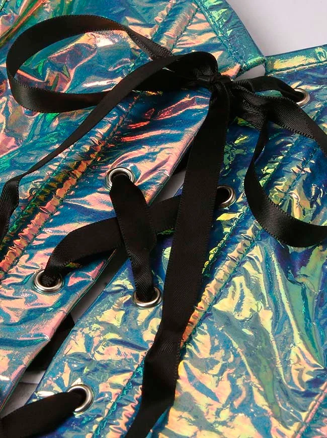 Y2K Glänzendes Kunstrindsleder Schillerndes Rave Bustier Korsett Crop Top