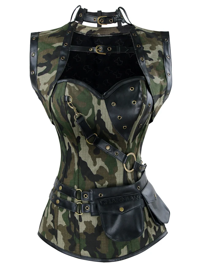 Korsett aus Stahlbeinen im Steampunk-Gothic-Vintage-Camouflage-Stil mit Jacke und Gürtel