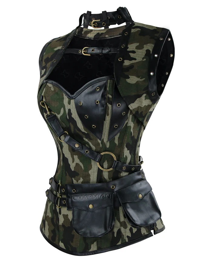 Korsett aus Stahlbeinen im Steampunk-Gothic-Vintage-Camouflage-Stil mit Jacke und Gürtel