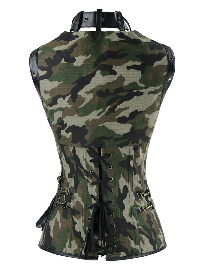 Korsett aus Stahlbeinen im Steampunk-Gothic-Vintage-Camouflage-Stil mit Jacke und Gürtel