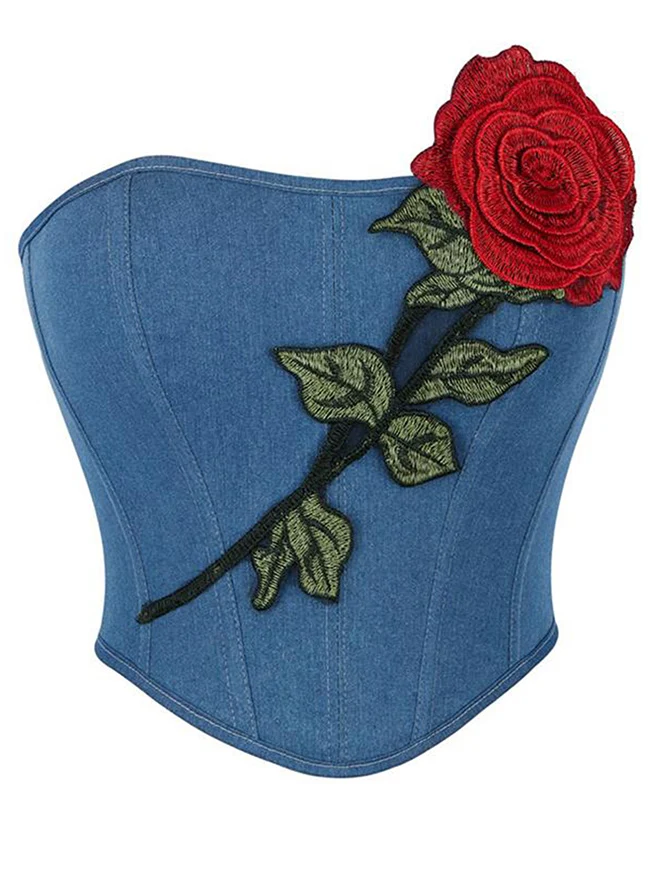 Charmian Damen Vintage ärmelloses Korsett-Top mit Schnürung und Kunststoffstäbchen, Denim-Rose