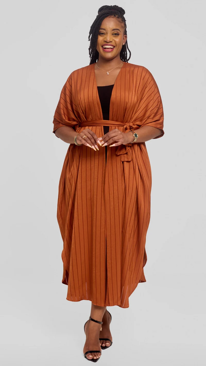 Vivo Scalloped Kimono in Stripped Crepe - Rust