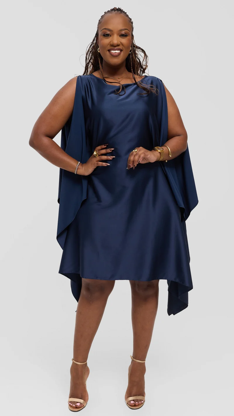 Vivo Knee Length Kaftan In Satin - Navy Blue