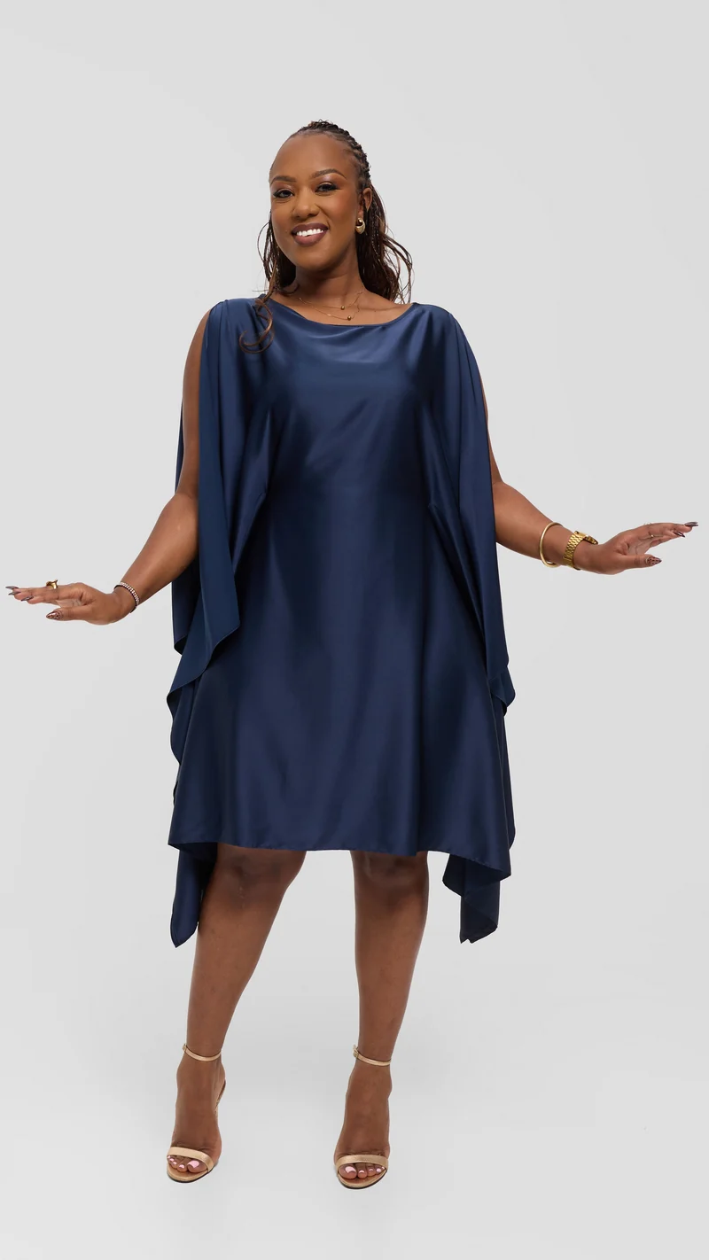 Vivo Knee Length Kaftan In Satin - Navy Blue