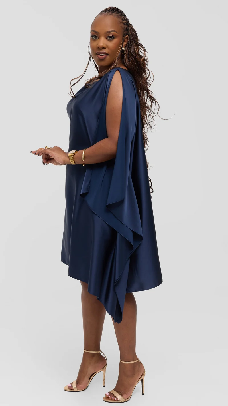 Vivo Knee Length Kaftan In Satin - Navy Blue