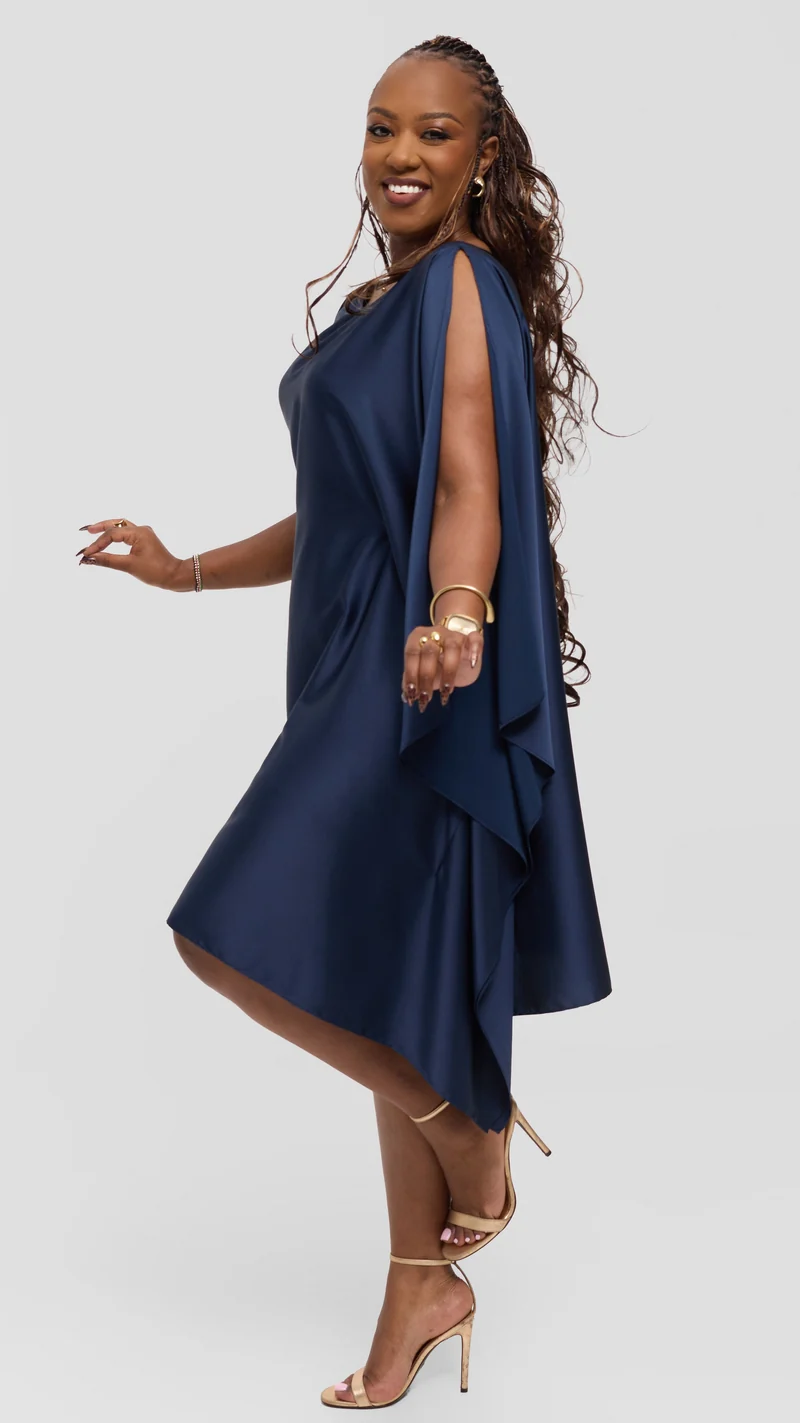 Vivo Knee Length Kaftan In Satin - Navy Blue