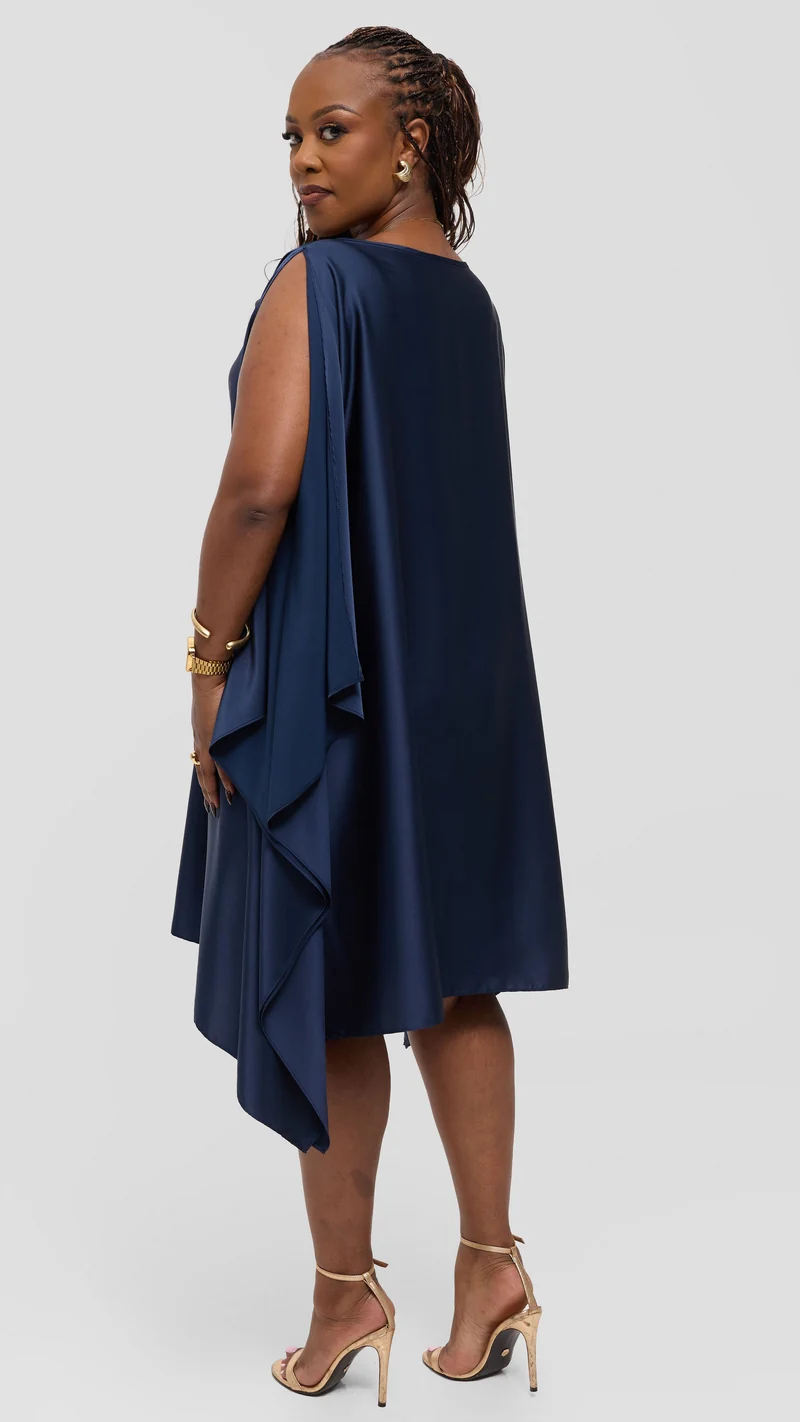 Vivo Knee Length Kaftan In Satin - Navy Blue