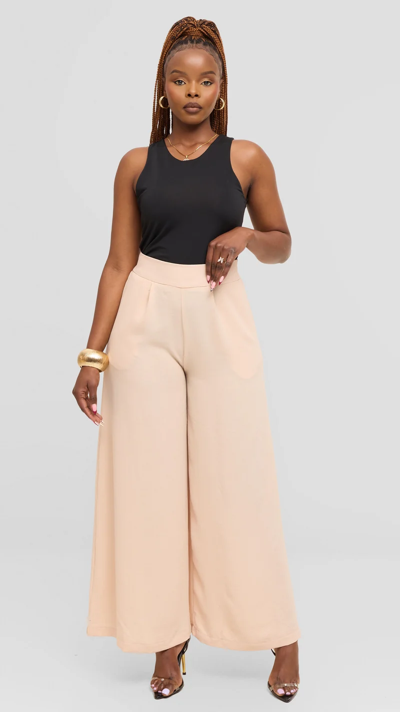 Vivo Wide Leg Pants in Textured Crepe - Light Beige