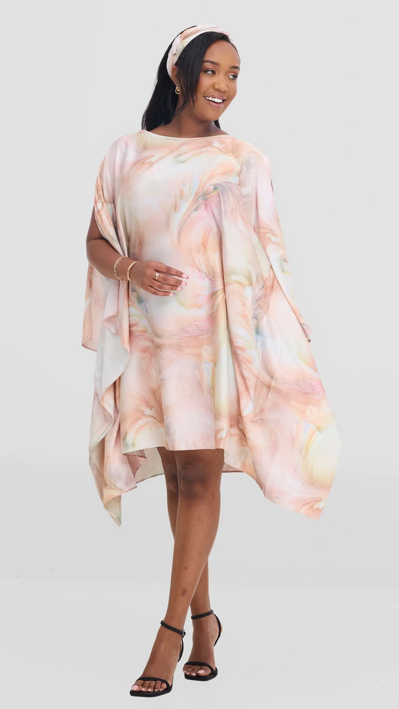Vivo Knee Length Kaftan in Satin - Rust / Pink Print