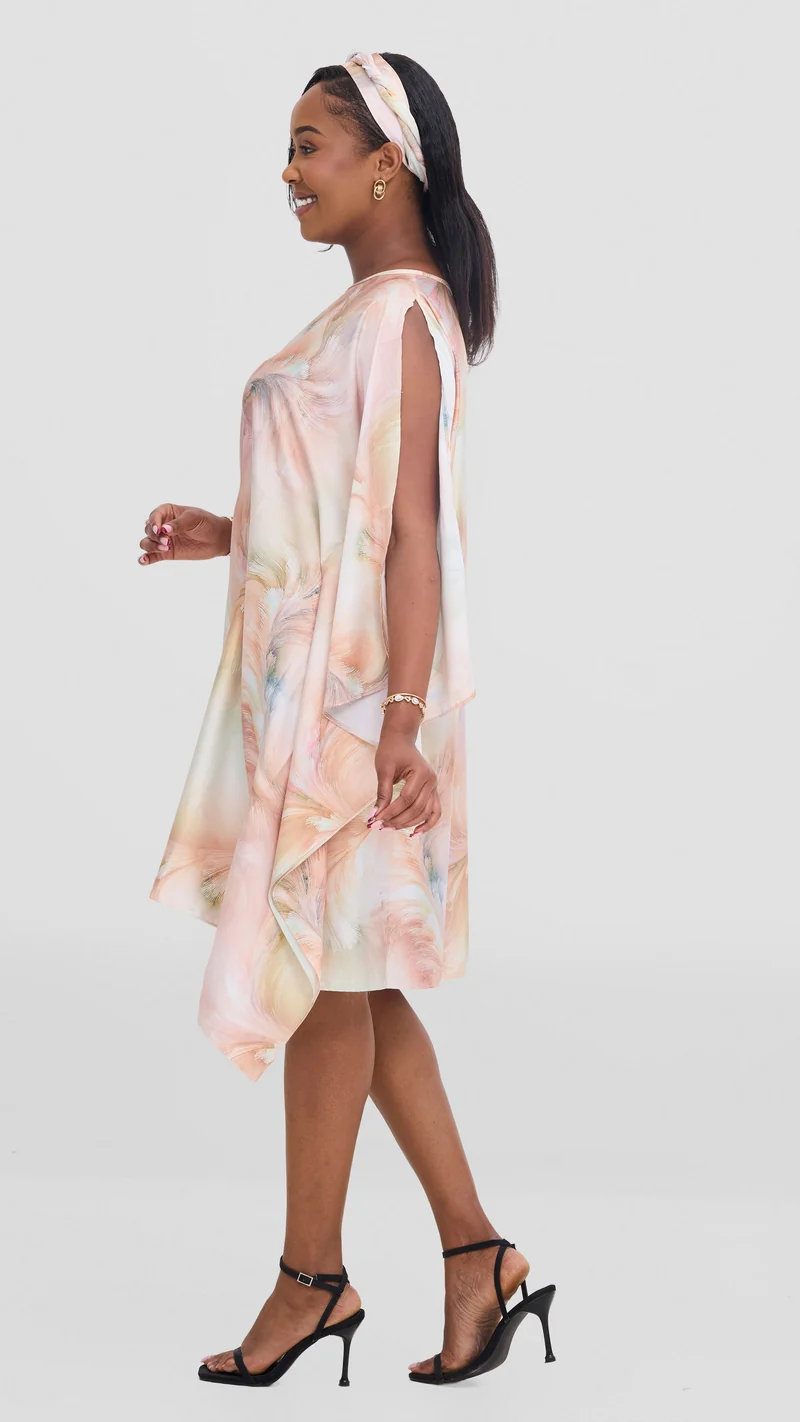 Vivo Knee Length Kaftan in Satin - Rust / Pink Print