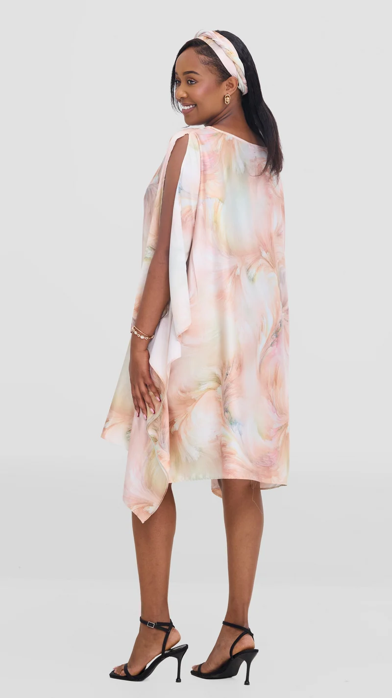 Vivo Knee Length Kaftan in Satin - Rust / Pink Print