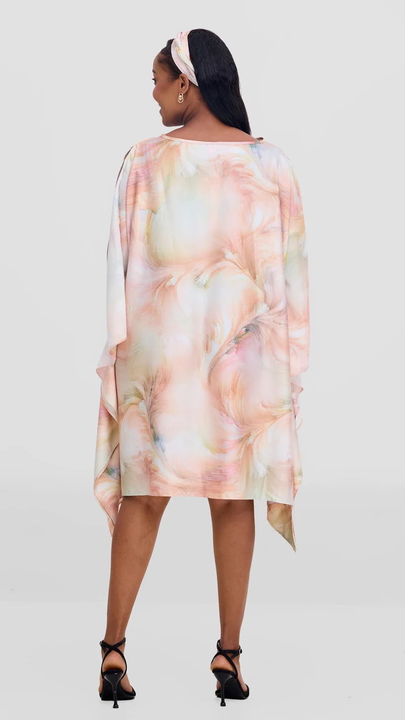 Vivo Knee Length Kaftan in Satin - Rust / Pink Print