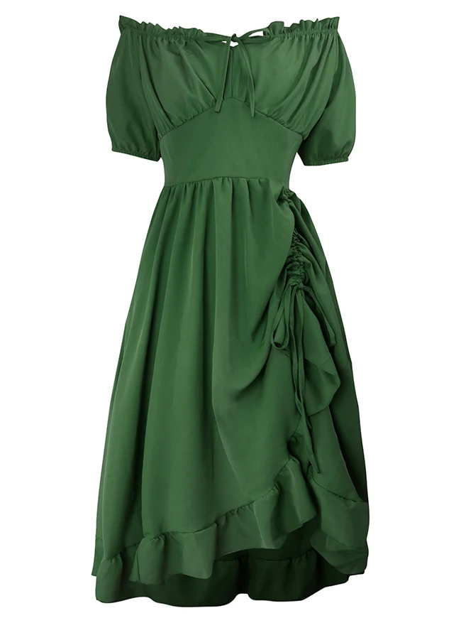 Renaissance-Kostümkleid im Midi-Stil mit schulterfreiem Rüschen- und Kordelzug