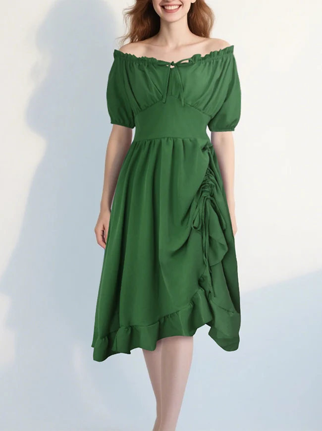 Renaissance-Kostümkleid im Midi-Stil mit schulterfreiem Rüschen- und Kordelzug