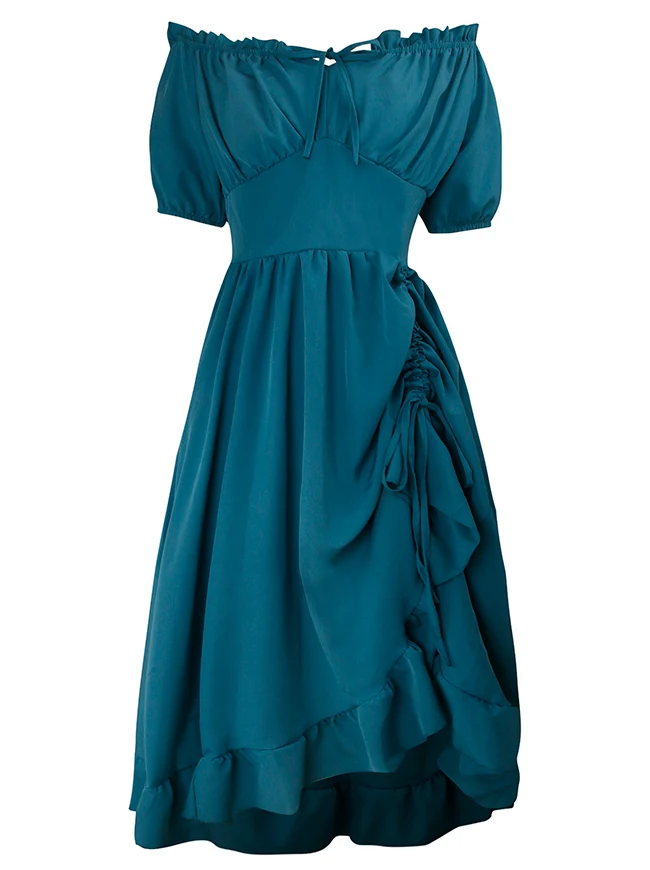 Renaissance-Kostümkleid im Midi-Stil mit schulterfreiem Rüschen- und Kordelzug