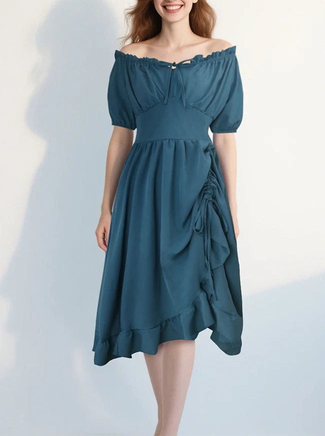 Renaissance-Kostümkleid im Midi-Stil mit schulterfreiem Rüschen- und Kordelzug