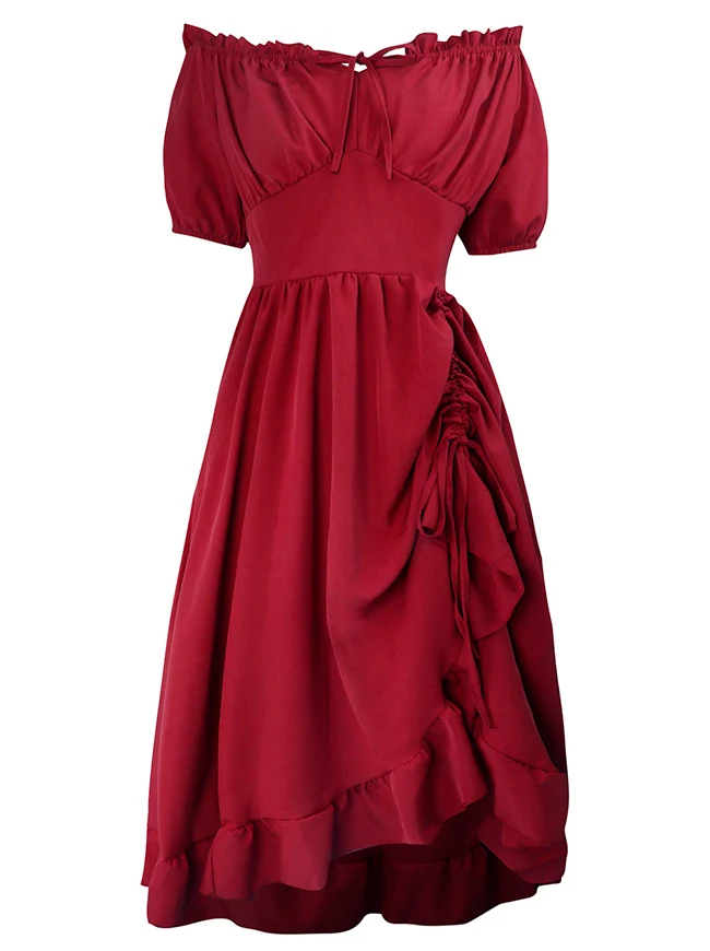 Renaissance-Kostümkleid im Midi-Stil mit schulterfreiem Rüschen- und Kordelzug