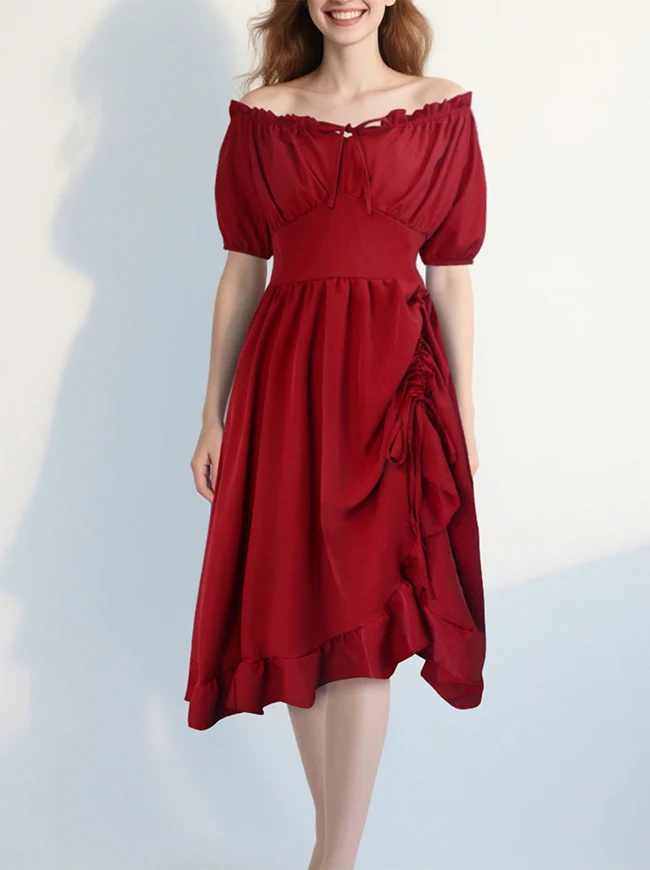 Renaissance-Kostümkleid im Midi-Stil mit schulterfreiem Rüschen- und Kordelzug