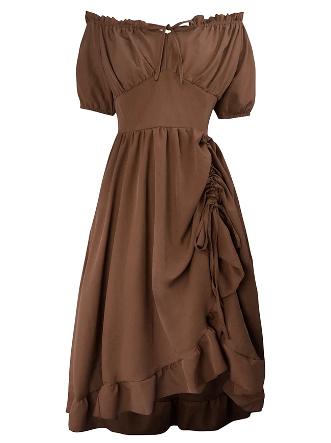 Renaissance-Kostümkleid im Midi-Stil mit schulterfreiem Rüschen- und Kordelzug