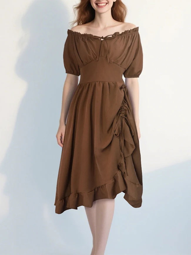 Renaissance-Kostümkleid im Midi-Stil mit schulterfreiem Rüschen- und Kordelzug