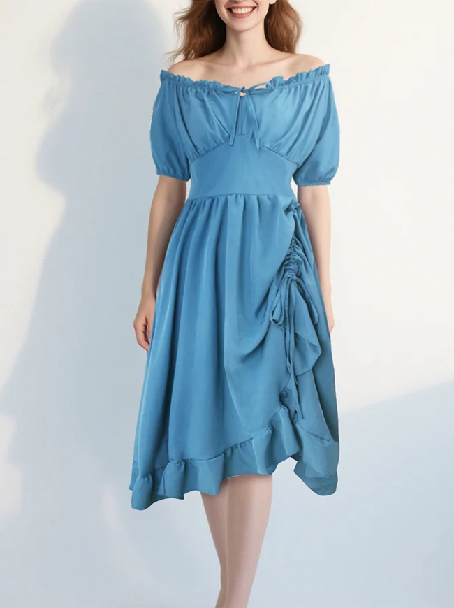 Renaissance-Kostümkleid im Midi-Stil mit schulterfreiem Rüschen- und Kordelzug