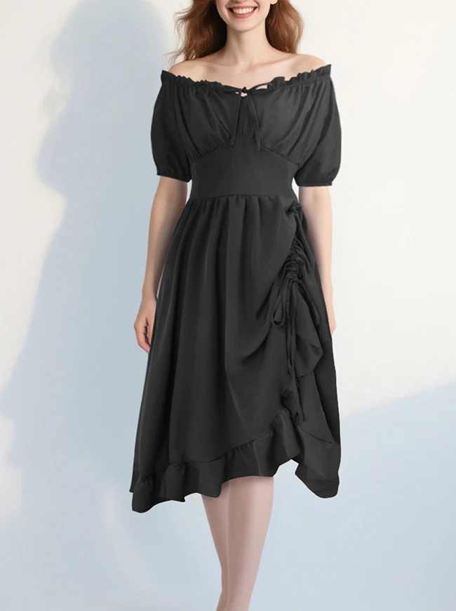 Renaissance-Kostümkleid im Midi-Stil mit schulterfreiem Rüschen- und Kordelzug