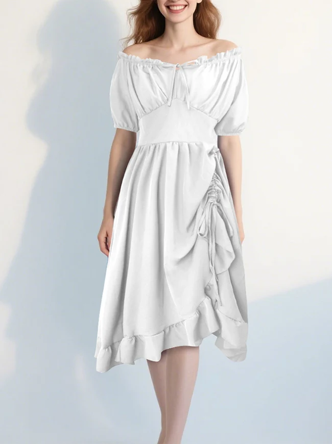 Renaissance-Kostümkleid im Midi-Stil mit schulterfreiem Rüschen- und Kordelzug