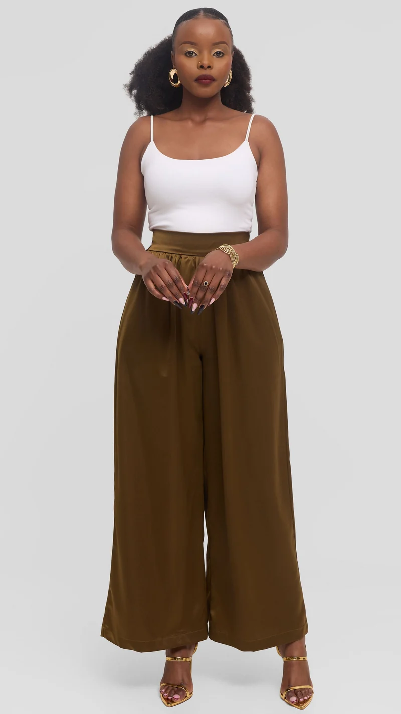 Vivo Gathered Waist Pants in Satin - Olive Green