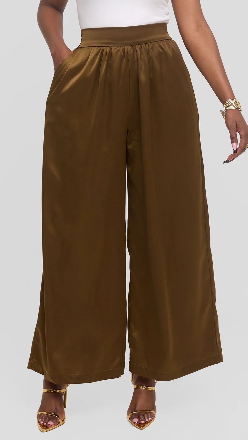 Vivo Gathered Waist Pants in Satin - Olive Green