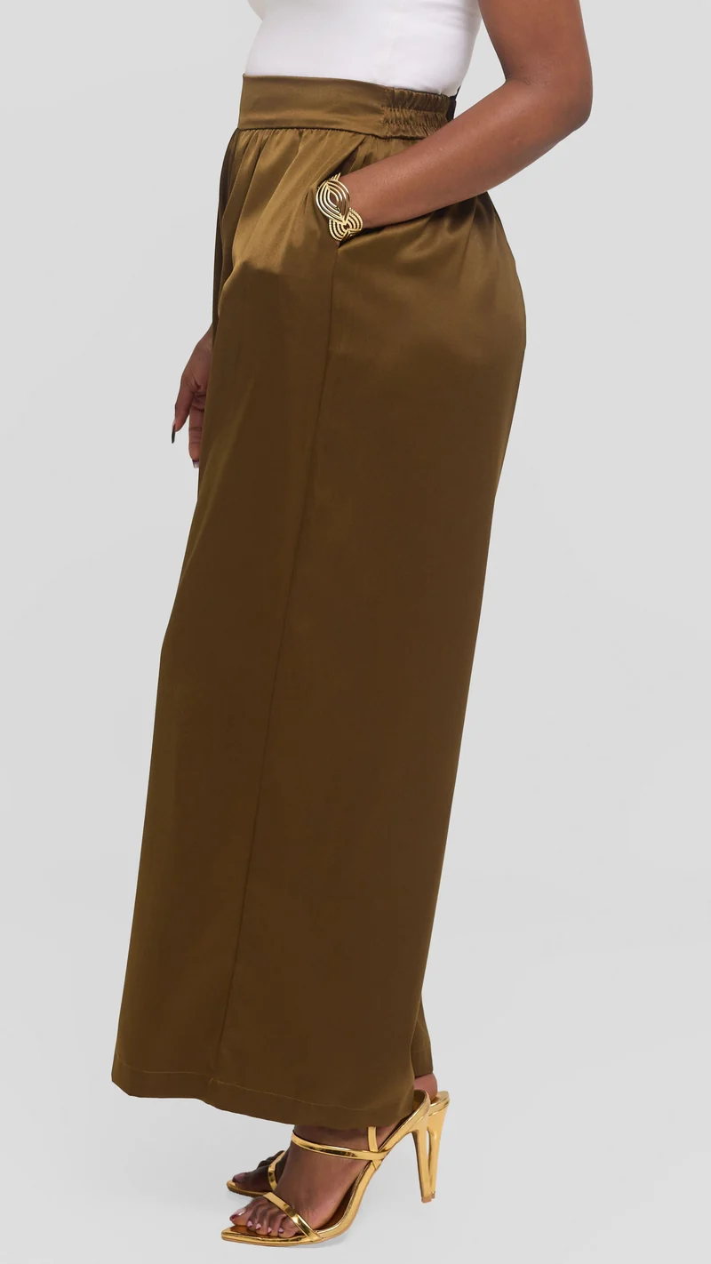 Vivo Gathered Waist Pants in Satin - Olive Green