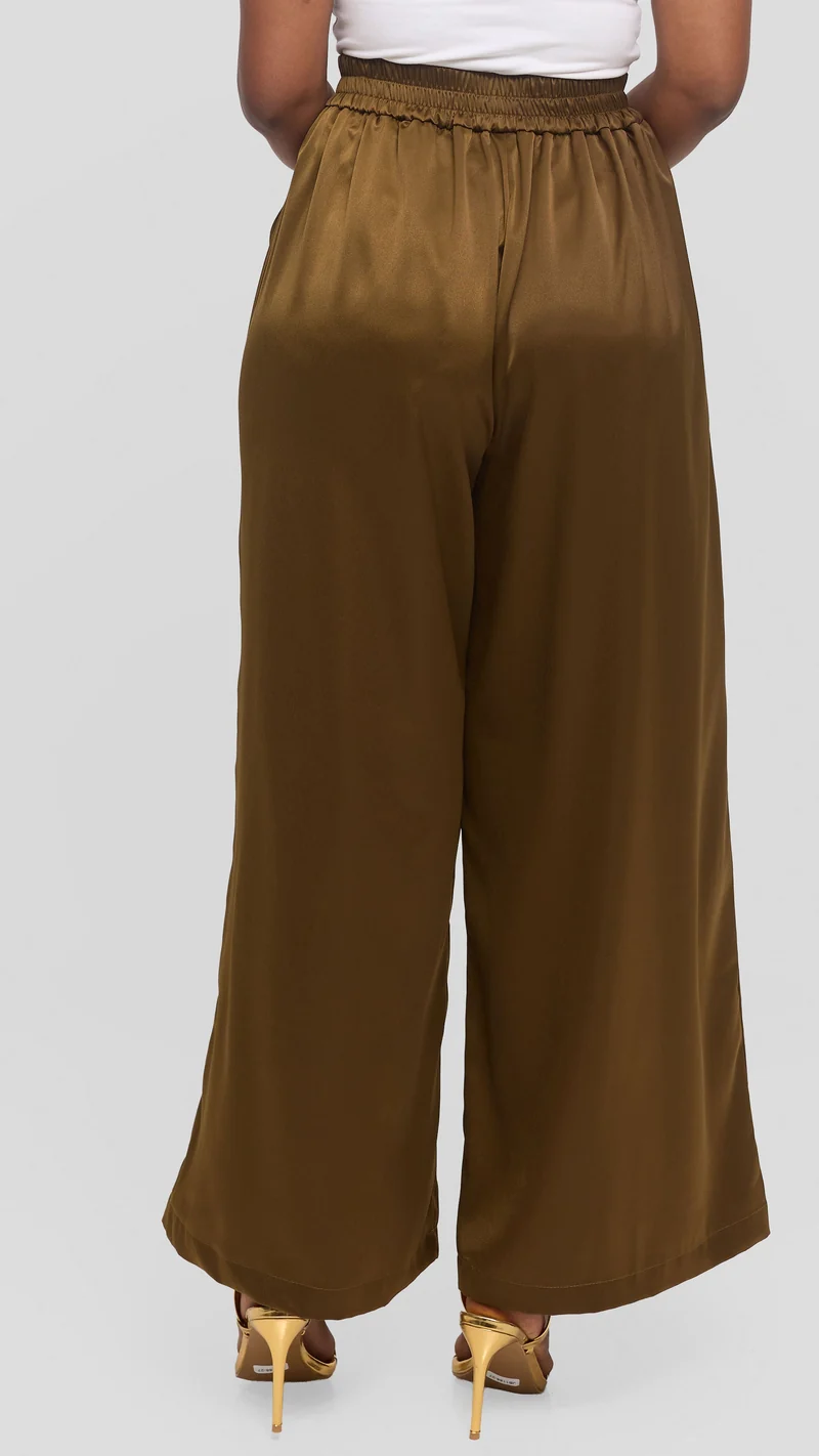 Vivo Gathered Waist Pants in Satin - Olive Green