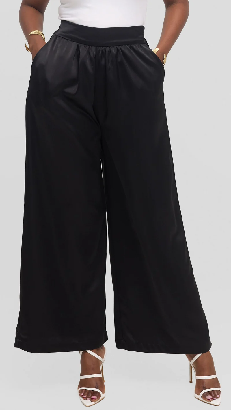Vivo Gathered Waist Pants in Satin - Black