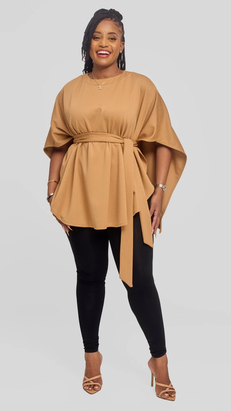 Vivo Cape Poncho in Stretch Rib - Tan