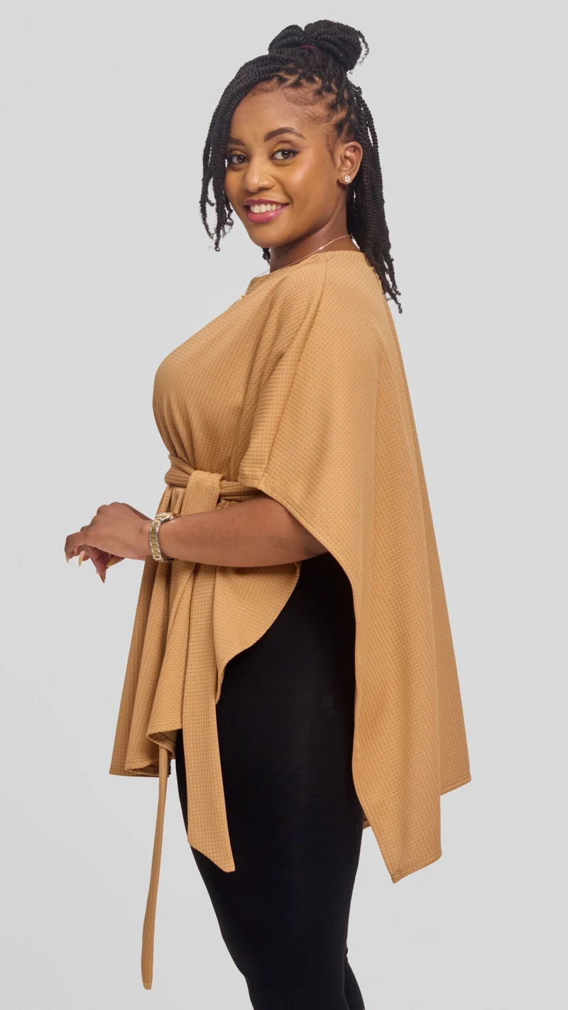 Vivo Cape Poncho in Stretch Rib - Tan