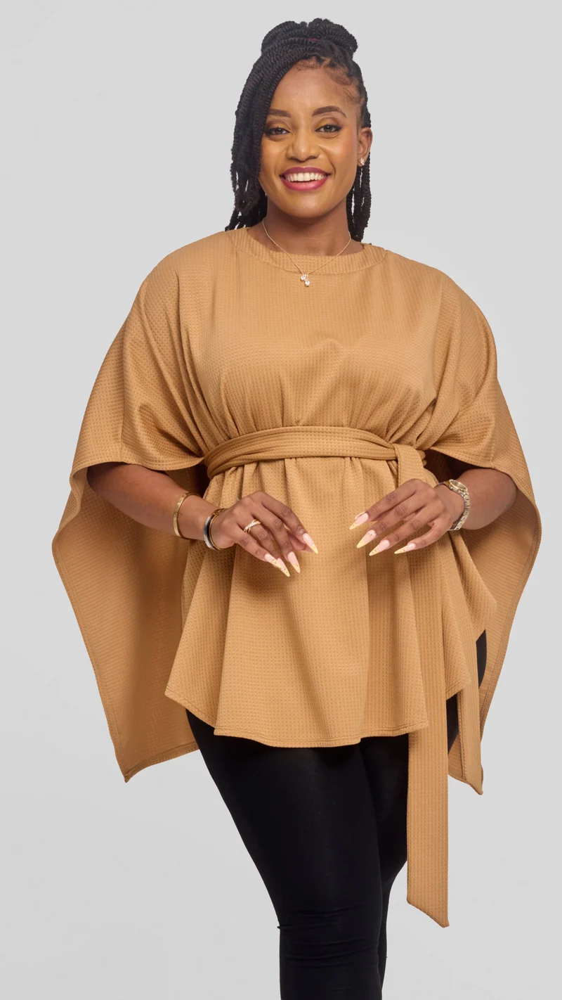 Vivo Cape Poncho in Stretch Rib - Tan