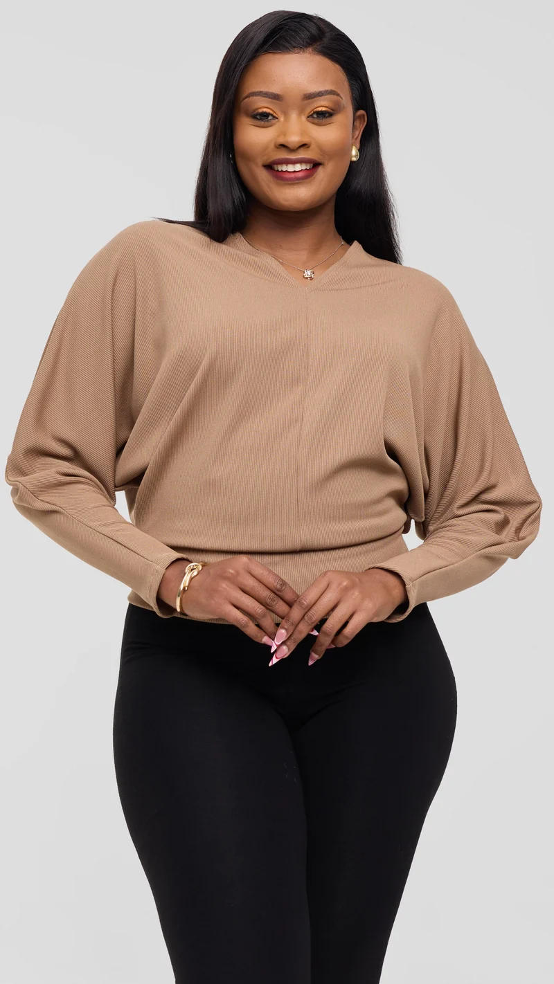 Vivo Tanda V-Neck Top in Stretch Rib - Taupe